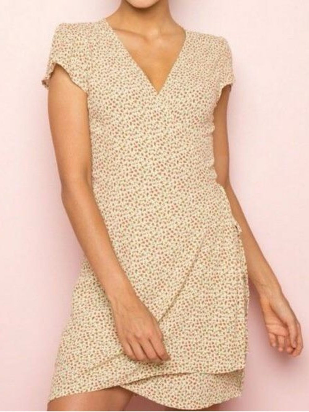 Brandy Melville Cream Mini Dress with Tiny Red Floral Print